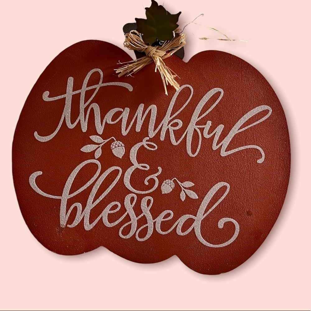 NWT โthankful & blessedโ hanging pumpkin decor door wood metal straw fall